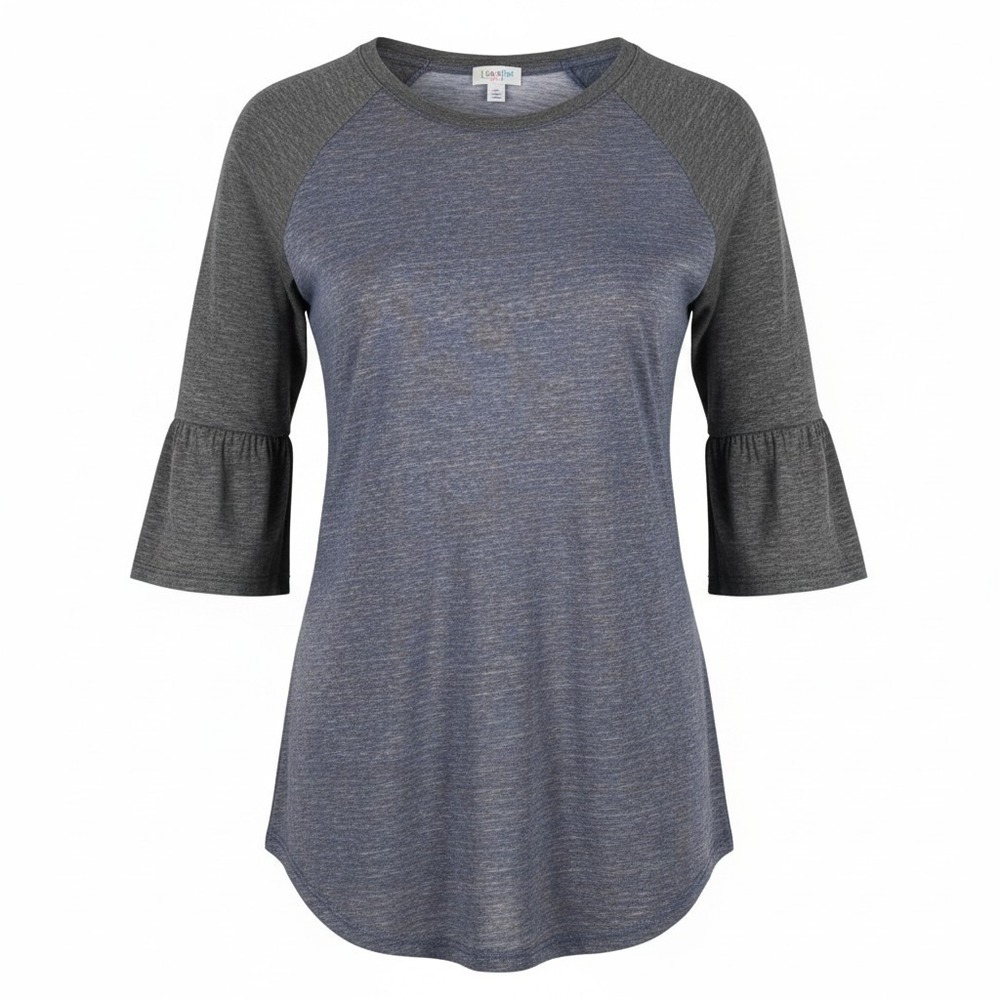 LuLaRoe Randy Baseball Tee Blue Grey Heathered Raglan 3/4 Sleeve Shirt Medium